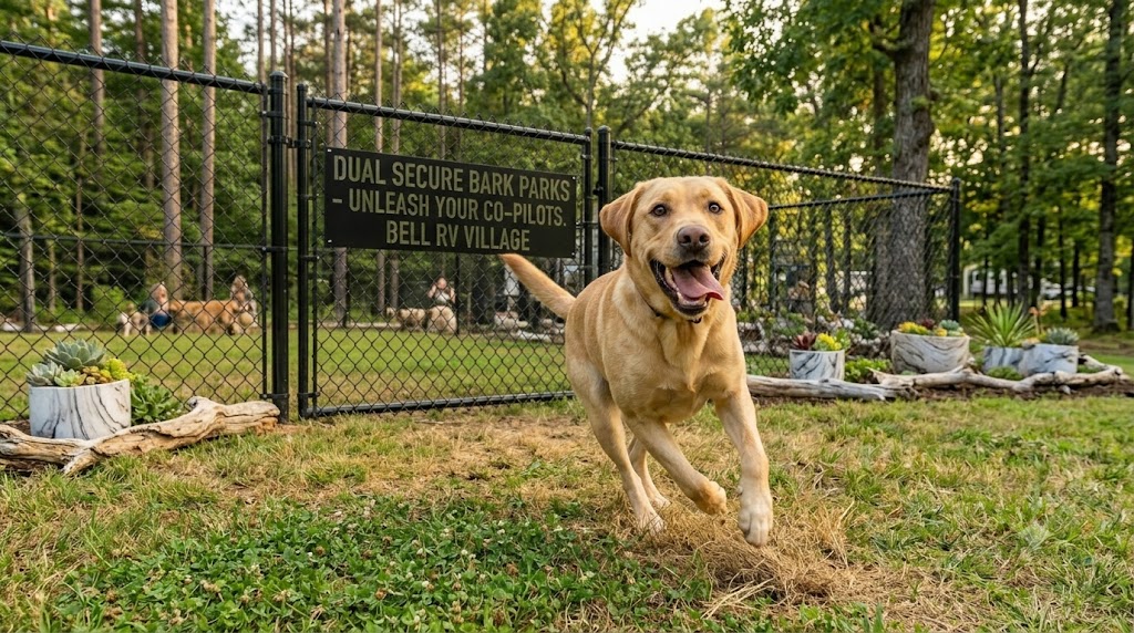 Dog playing at Bell RV Village secure Bark Park