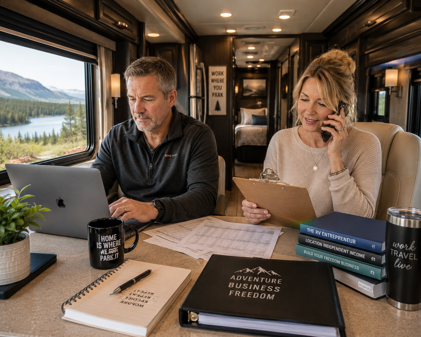 Couple working remotely from their motorhome with high-speed wifi