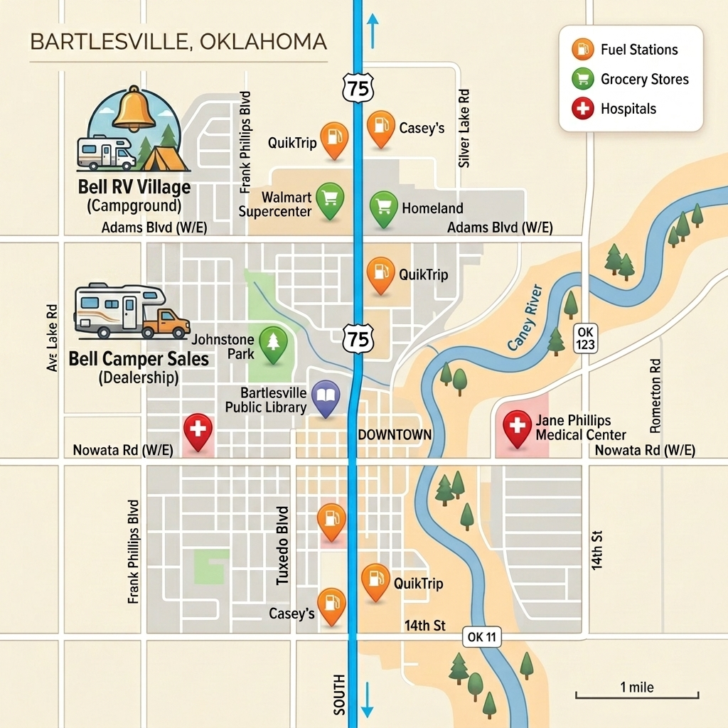 Custom map of Bartlesville showing locations of fuel, groceries, and medical centers