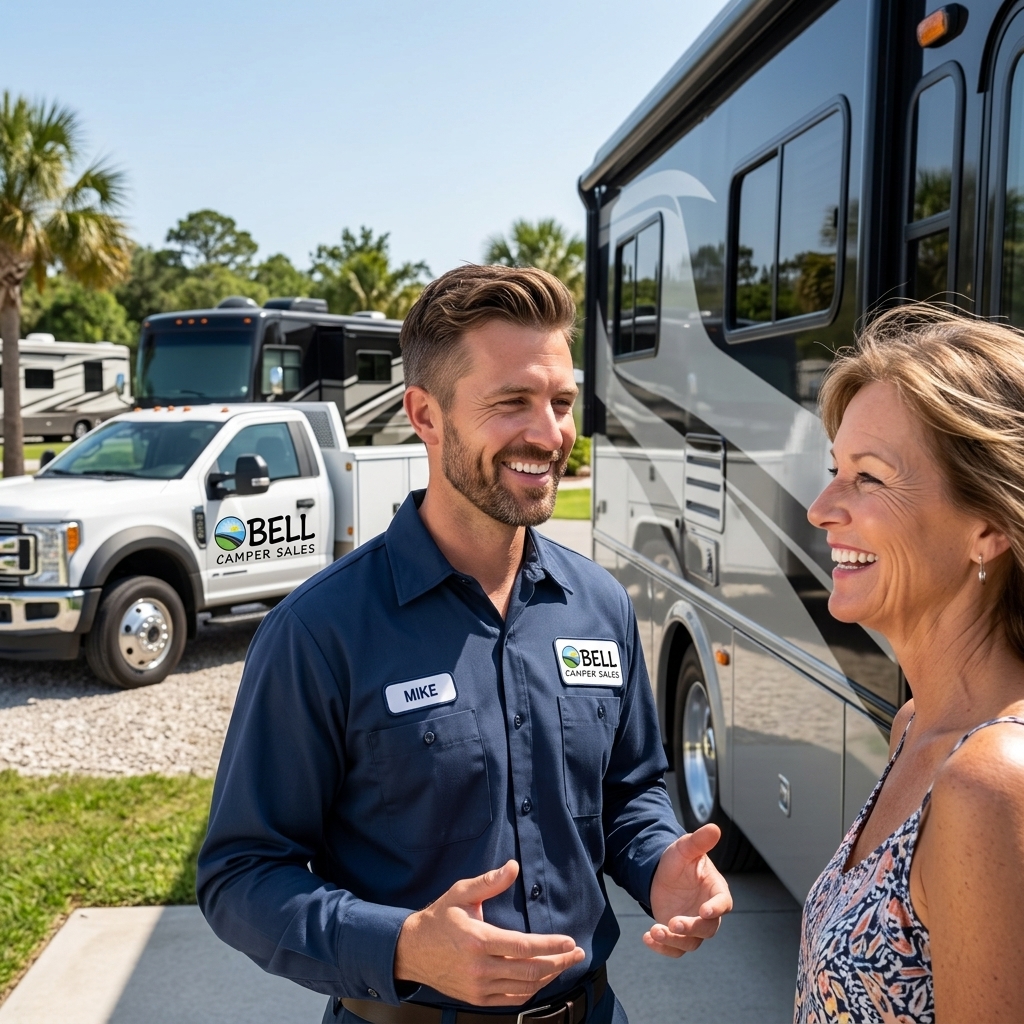 Friendly Bell Camper Sales service technician greeting an RV owner near a service truck at Bell RV Village