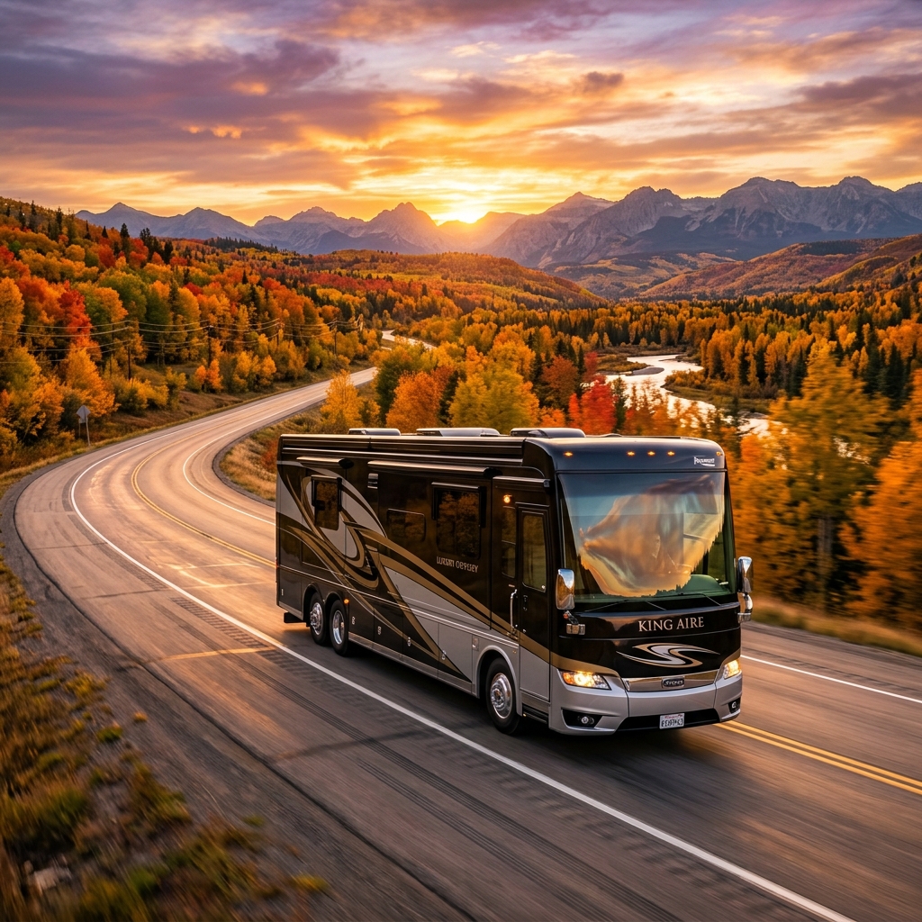 RV traveling down a beautiful highway at sunset